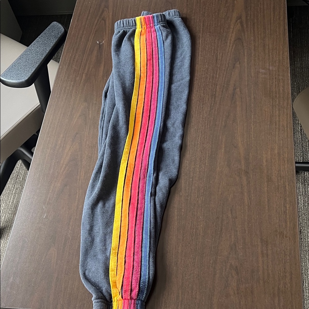 Aviator Nation Kids Rainbow-Stripe Sweatpants in Heather Navy - Sz 12 - Picture 3 of 8